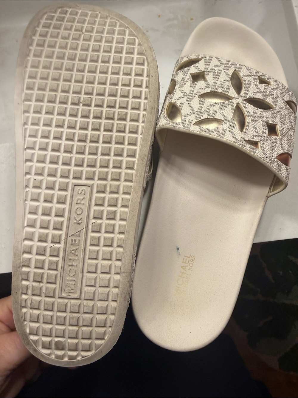 Michael Kors Ivory and Gold Logo Cutout Slide Sandals - Picture 2 of 2